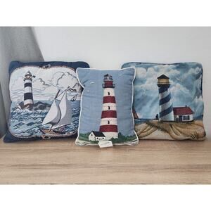 Riverdale Tapestry Accent Throw Pillow Lighthouse Sailboat Ocean Sea Needlepoint